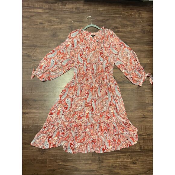 Talbots Split Neck Soft Dress - Sprinkle Paisley Red Ruffle Sleeve, Sz Large - Picture 1 of 10